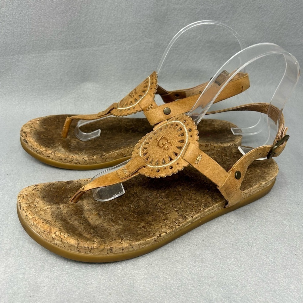 Ugg Women's Ayden II Thong Sandals Size 9 Tan Leather Memory Foam Cork Sole